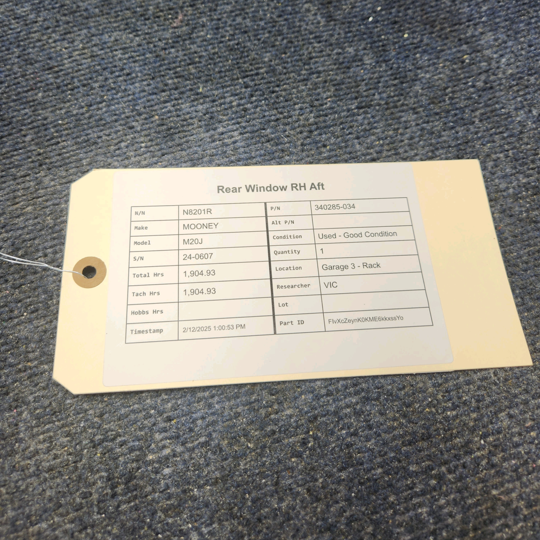 Used aircraft parts for sale, 340285-034 Mooney M20J REAR WINDOW RH AFT