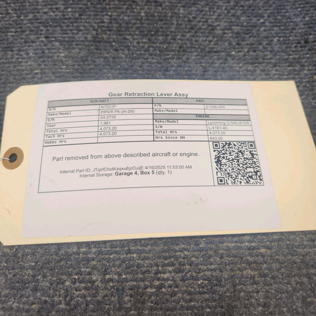 Used aircraft parts for sale, 21036-000 PIPER PA-24-250 Gear Retraction Lever Assy