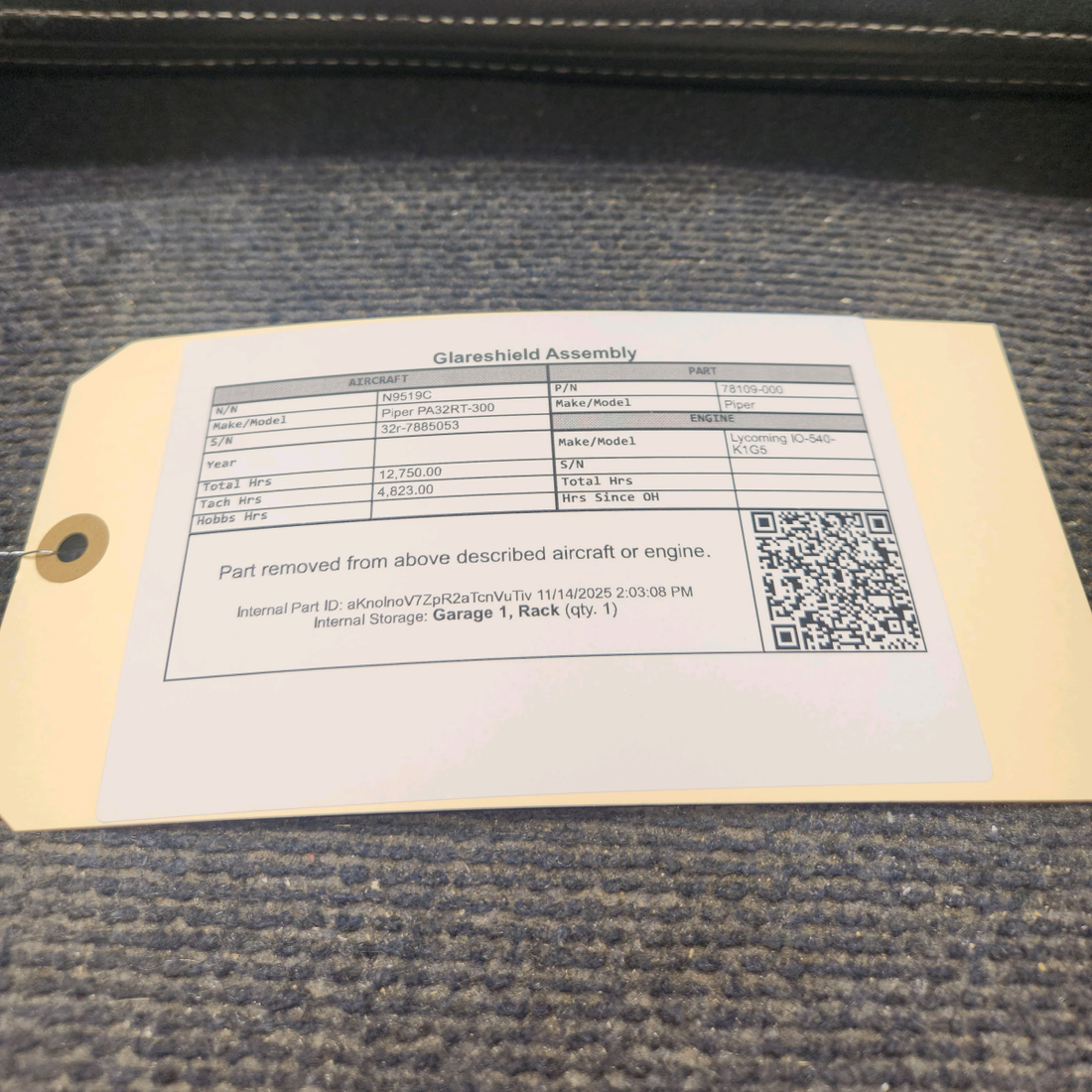 Used aircraft parts for sale, 78109-000 Piper PA32RT-300 Glareshield Assembly