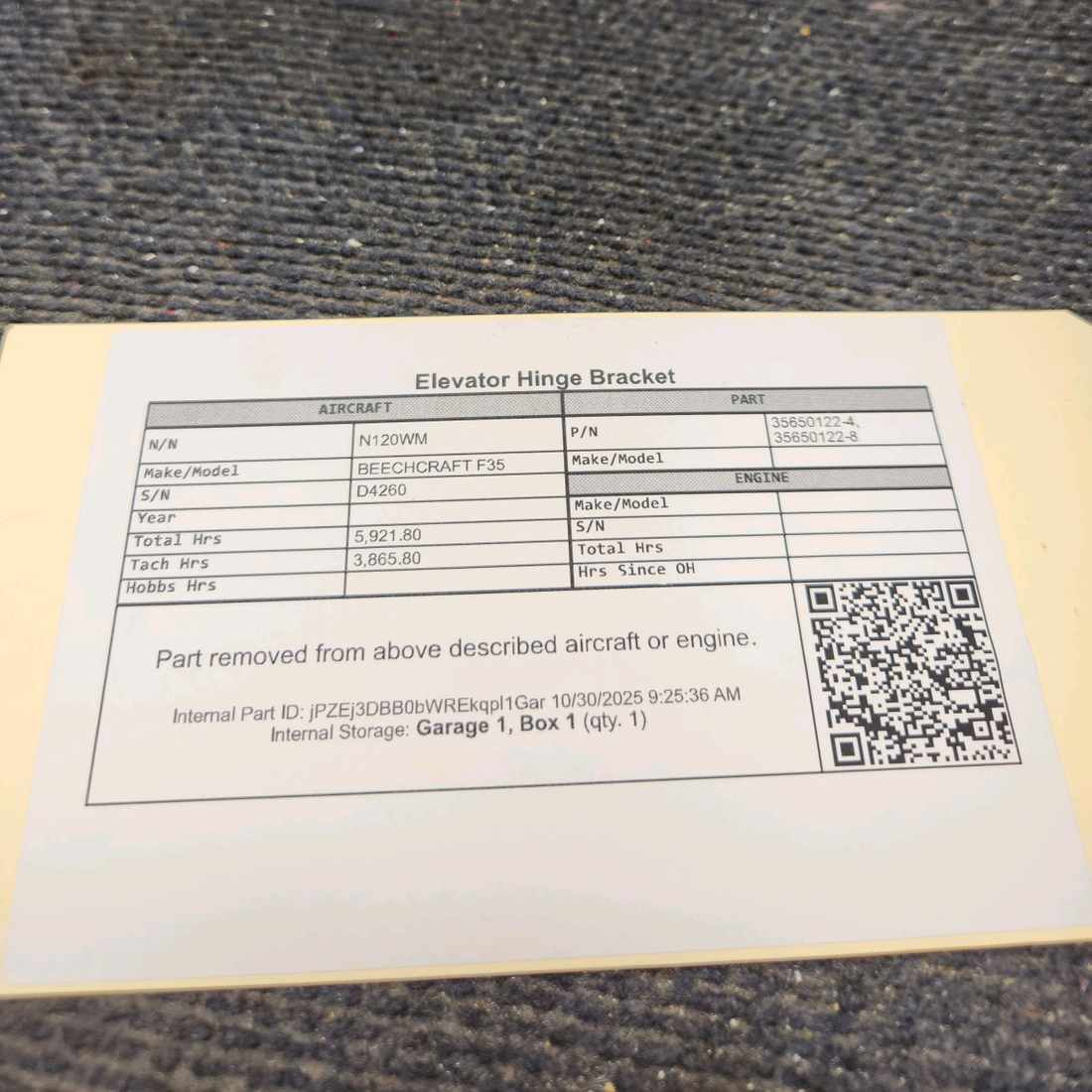 Used aircraft parts for sale, 35-650122-4 BEECHCRAFT F35 Elevator Hinge Bracket