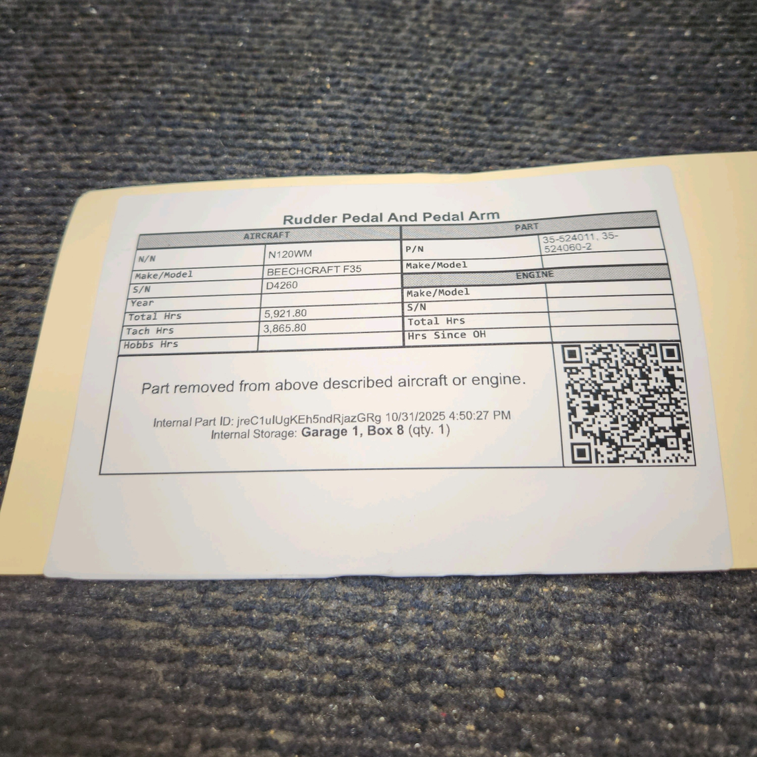 Used aircraft parts for sale, 35-524011, 35-524060-2 BEECHCRAFT F35 Rudder Pedal and Arm