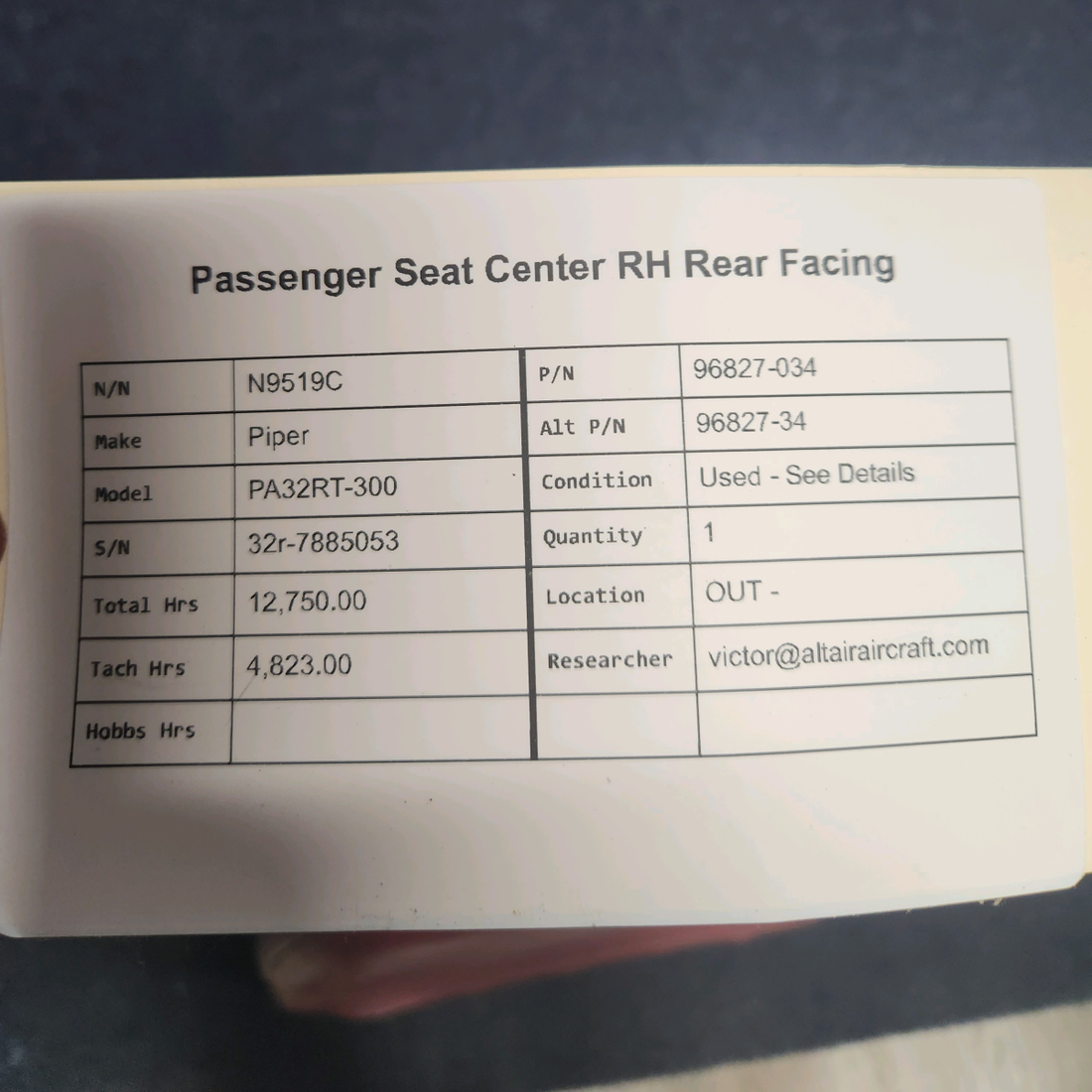 Used aircraft parts for sale, 96827-034 Piper PA32RT-300 PASSENGER SEAT CENTER RH REAR FACING