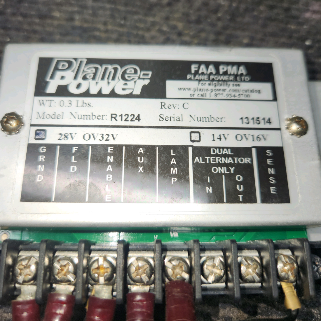 Used aircraft parts for sale, R1224 Plane Power OV16V Cessna 172E Alternator Voltage Regulator (Volts: 14/28)