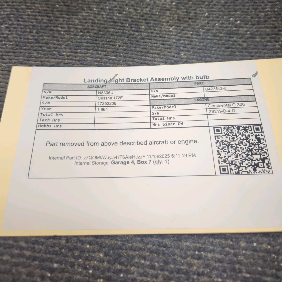 Used aircraft parts for sale, 0423542-6 Cessna 172F Landing Light Bracket Assembly with bulb