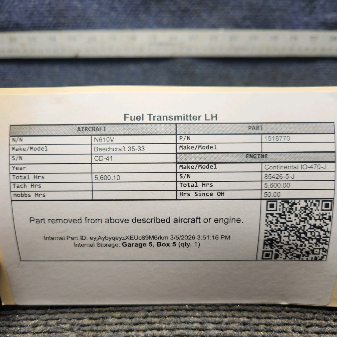 Used aircraft parts for sale, 1518770 Beechcraft 35-33 Fuel Transmitter - LH