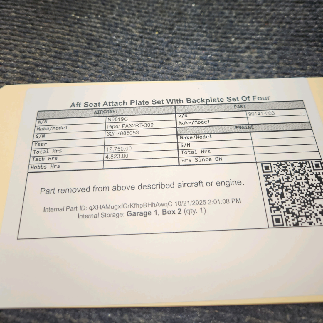 Used aircraft parts for sale, 99141-003 Piper PA32RT-300 Aft Seat Attach Plate Set with Backplate - Set Of Four