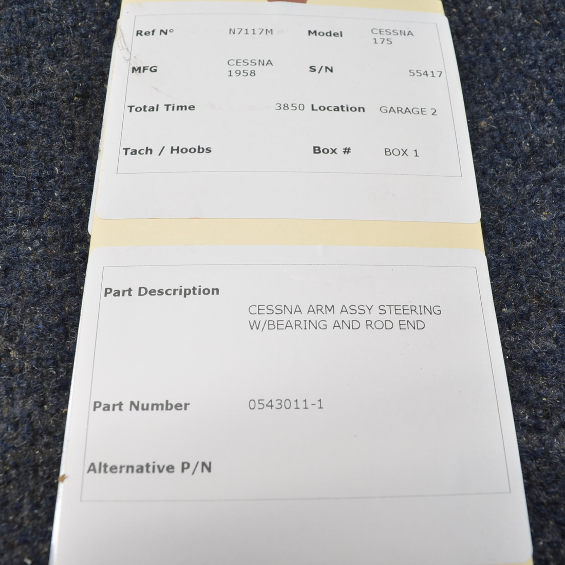 Used aircraft parts for sale, 0543011-1 Cessna C175 ARM ASSY STEERING W/BEARING AND ROD END