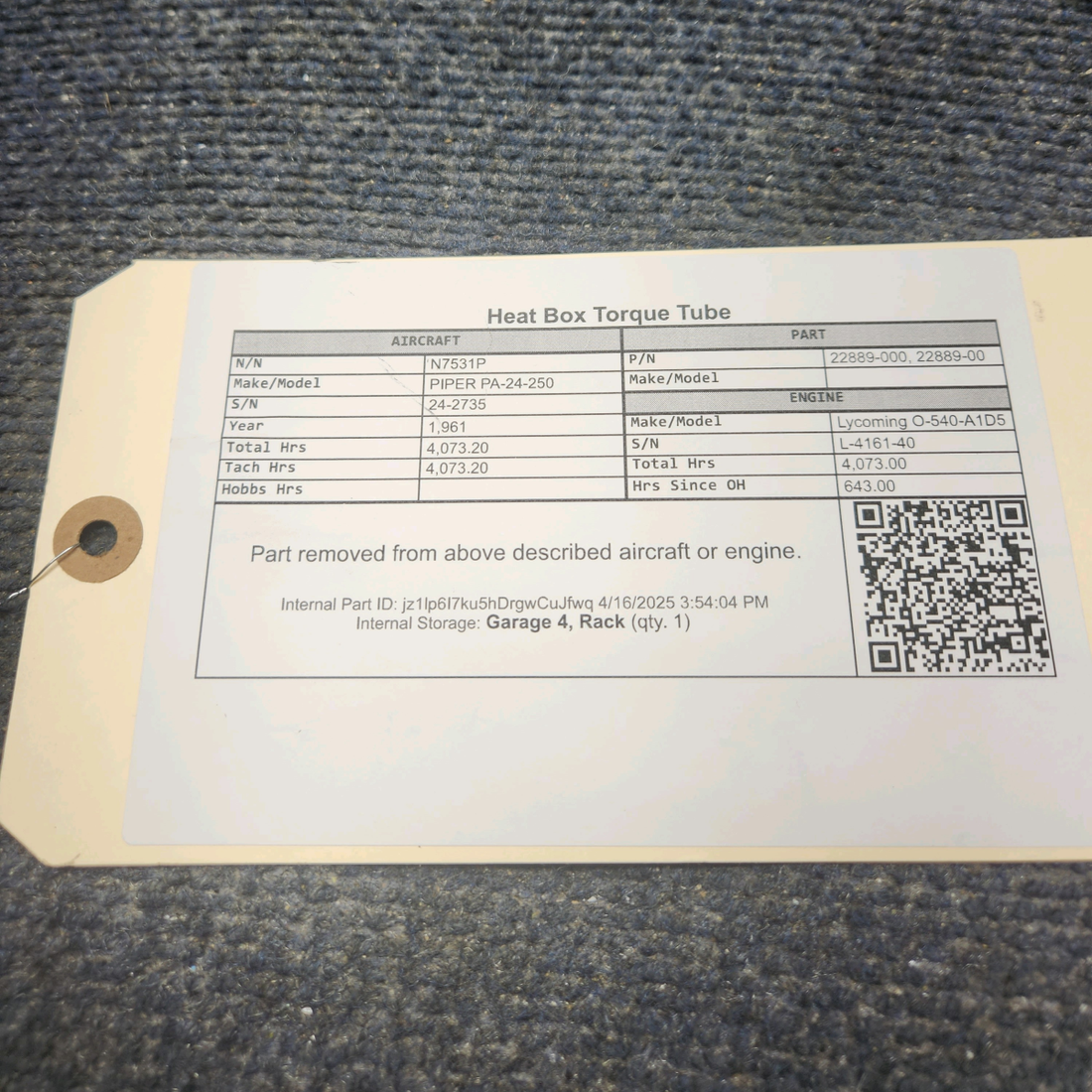 Used aircraft parts for sale, 22889-000 PIPER PA-24-250 Heat Box Torque Tube