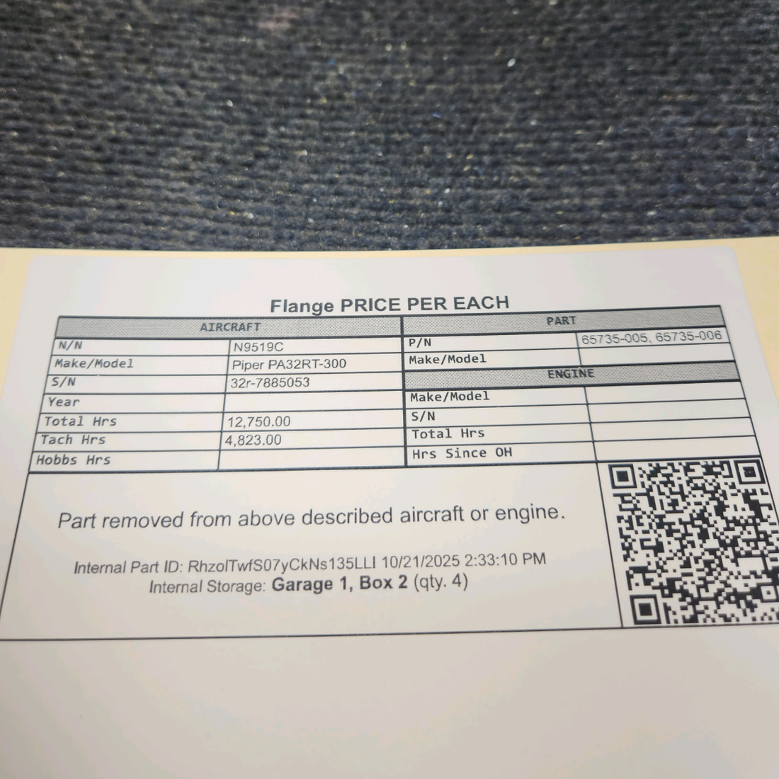 Used aircraft parts for sale, 65735-005 Piper PA32RT-300 Flange