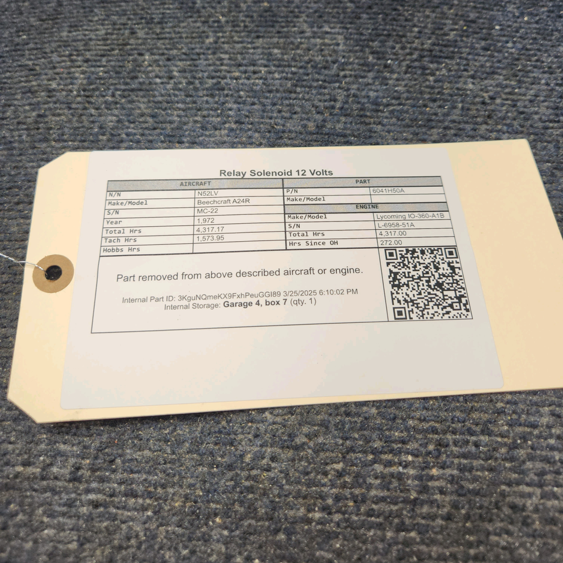 Used aircraft parts for sale, 6041H50A Beechcraft A24R Relay Solenoid 12 Volts