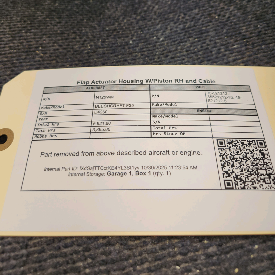Used aircraft parts for sale, 35-521212, 35521212-10 BEECHCRAFT F35 Flap Actuator Housing with Piston Includes Cable – RH Side