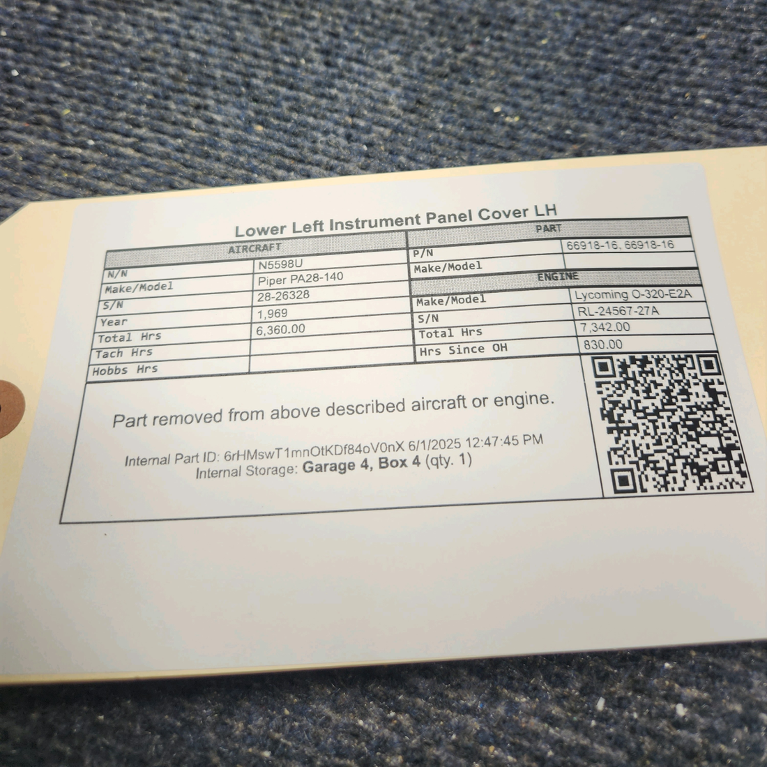 Used aircraft parts for sale, 66918-16 Piper PA28-140 Lower Left Instrument Panel Cover - LH