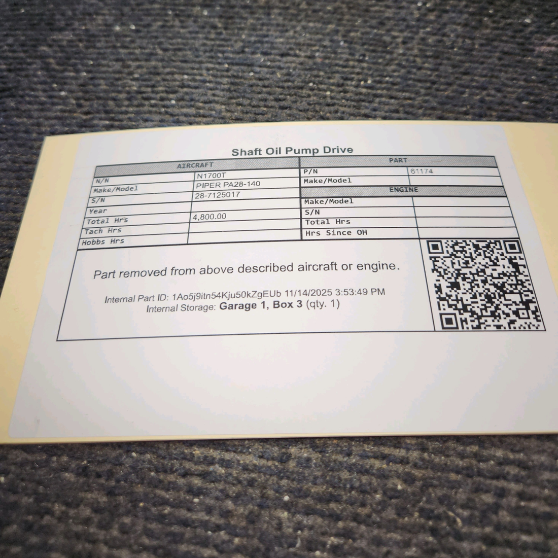 Used aircraft parts for sale, 61174 PIPER PA28-140 Shaft Oil Pump Drive