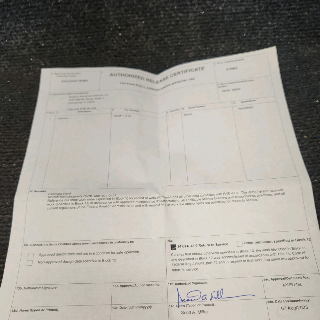 Used aircraft parts for sale, C661071-0101 United Instruments 5934P-1 Cessna 172 Altimeter