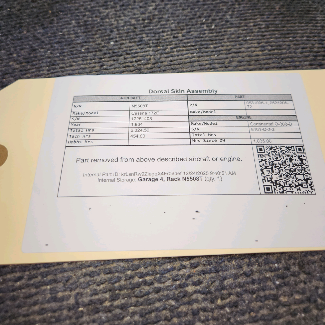 Used aircraft parts for sale, 0531006-1 Cessna 172E Dorsal Skin Assembly