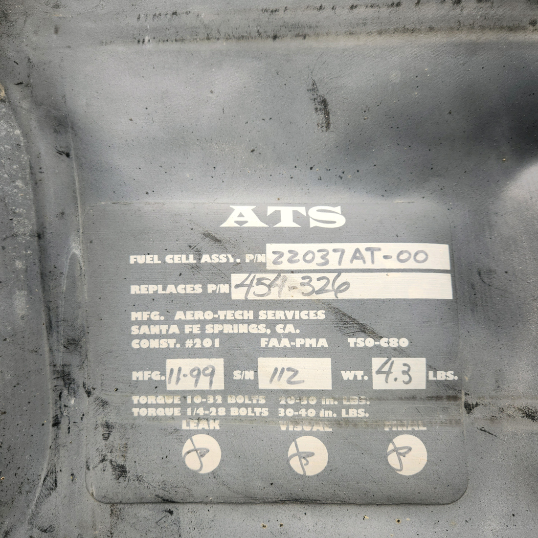 Used aircraft parts for sale, 454-326 PIPER PA-24-250 Fuel Cell, LH Aux Tank, 15 Gallons. MFG 11/1999