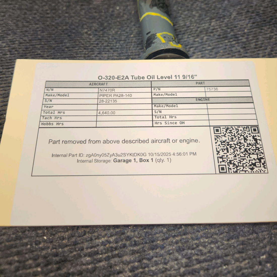 Used aircraft parts for sale, 75736 Lycoming O-320-E2A PIPER PA28-140 Tube Oil Level 11 9/16"