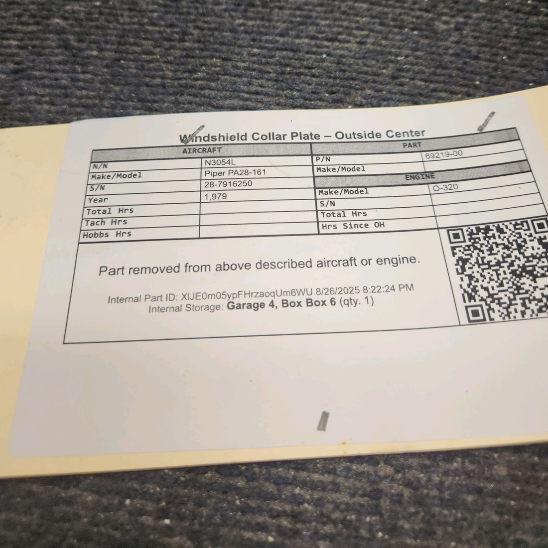 Used aircraft parts for sale, 69219-000 Piper PA28-161 Windshield Collar Plate – Outside Center