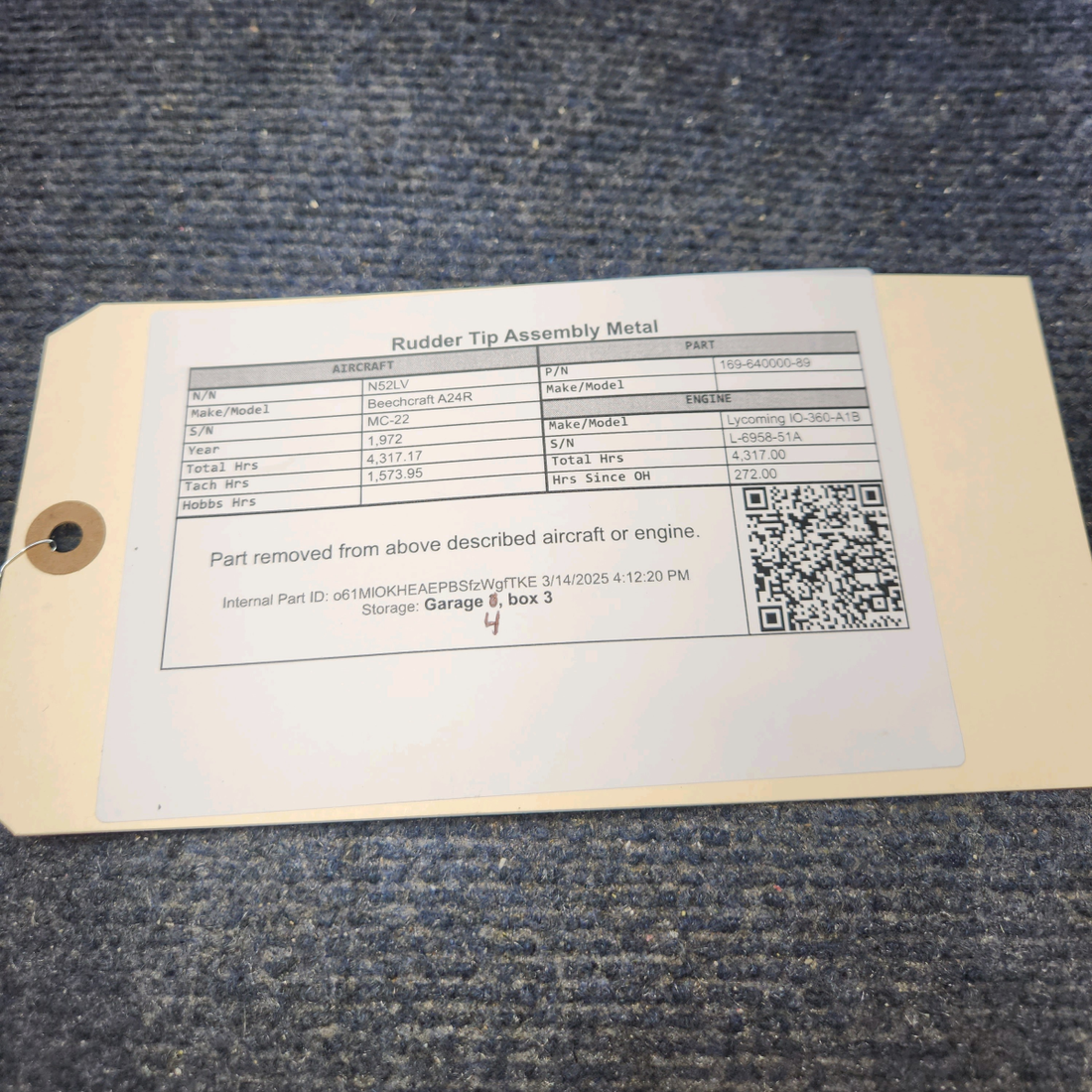 Used aircraft parts for sale, 169-640000-89 Beechcraft A24R Rudder Tip Assembly Metal