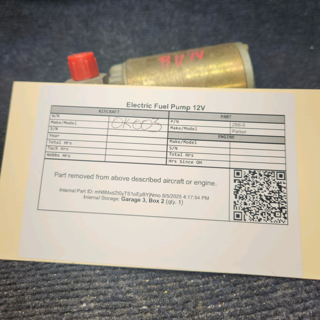 Used aircraft parts for sale, 2B6-9 Airborne Electric Fuel Pump 12V