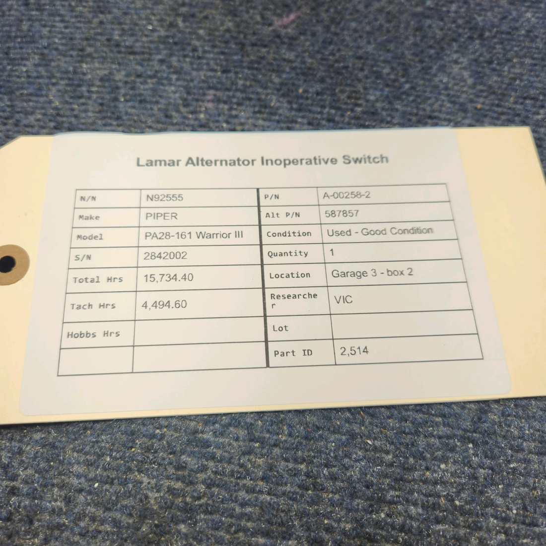 Used aircraft parts for sale, A-00258-2 Lamar PIPER PA28-161 Warrior III LAMAR ALTERNATOR INOPERATIVE SWITCH