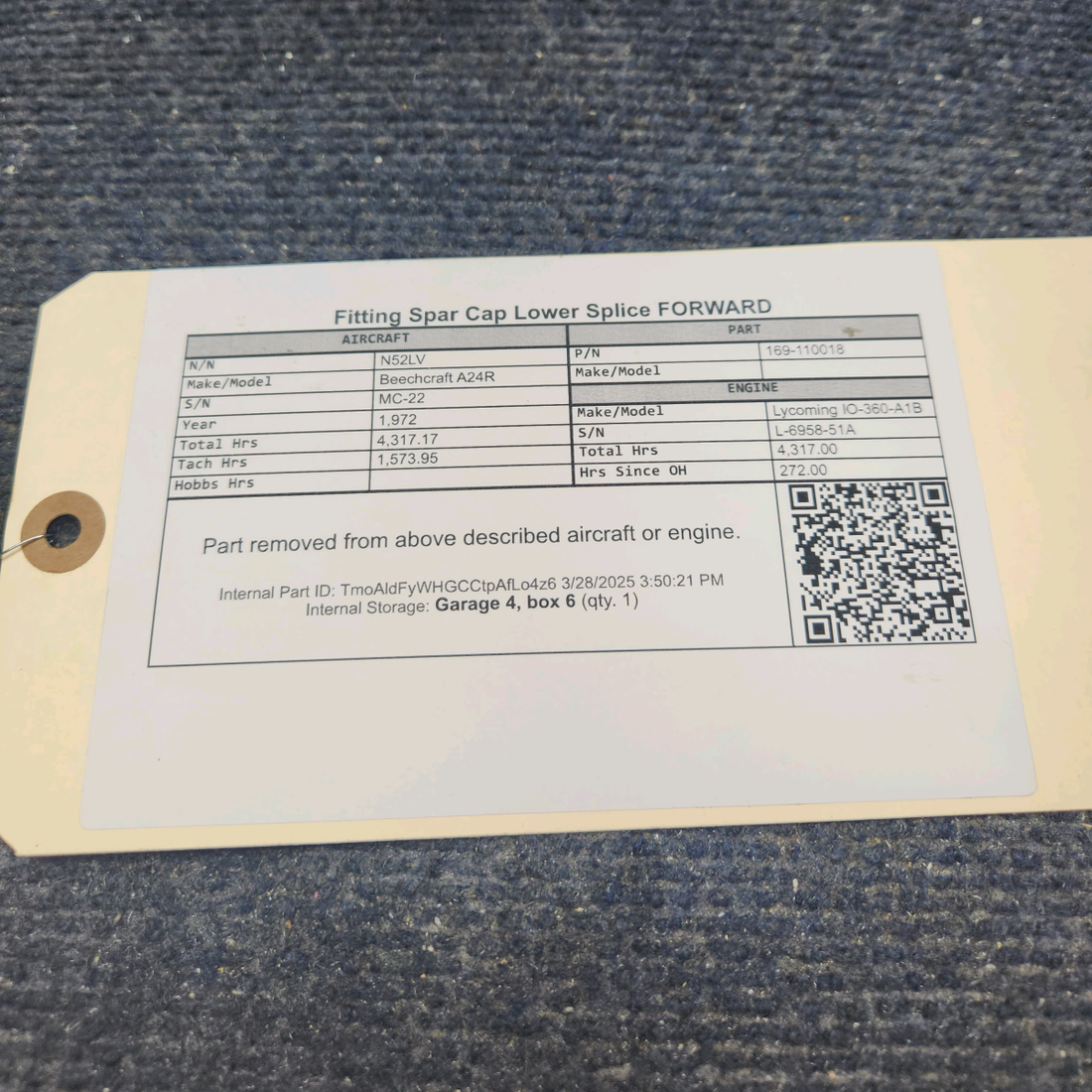 Used aircraft parts for sale, 169-110018 Beechcraft A24R Fitting Spar Cap Lower Splice FORWARD