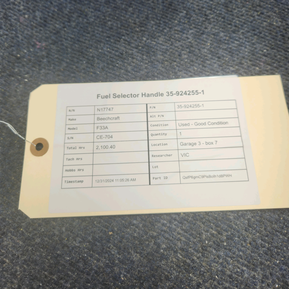 Used aircraft parts for sale, 35-924255-1 Beechcraft F33A FUEL SELECTOR HANDLE 35-924255-1