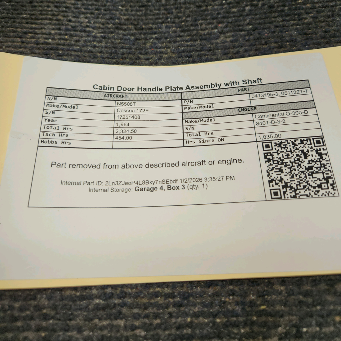 Used aircraft parts for sale, 0413195-3, 0511227-7 Cessna 172E Cabin Door Handle Plate Assembly with Shaft