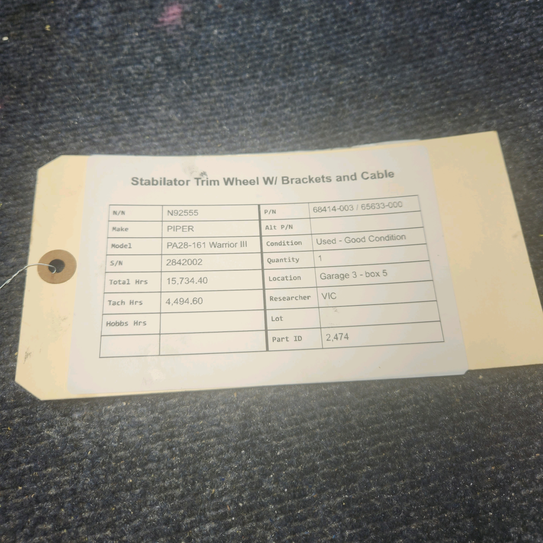 Used aircraft parts for sale, 68414-003 / 65633-000 PIPER PA28-161 Warrior III STABILATOR TRIM WHEEL W/ BRACKETS AND CABLE