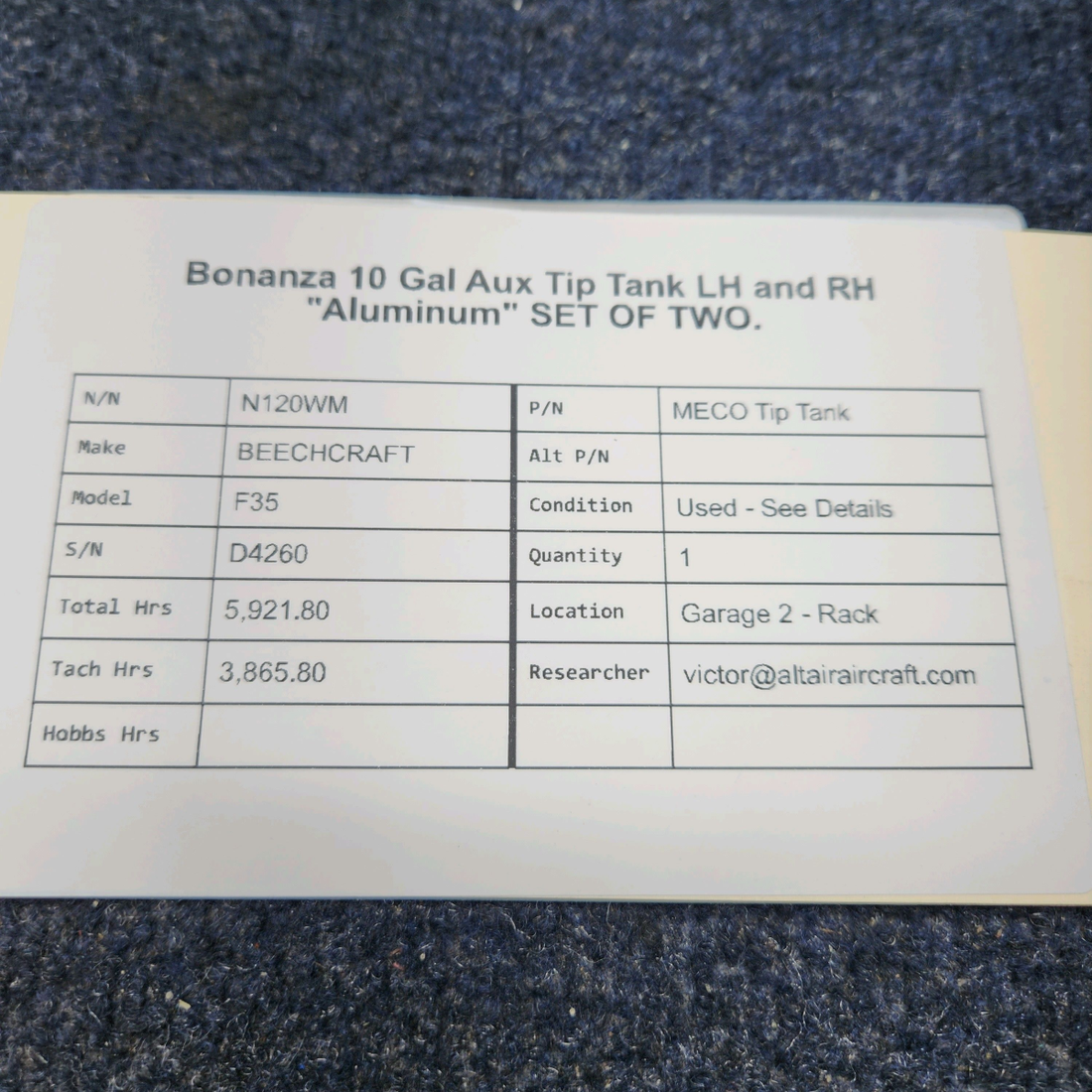 Used aircraft parts for sale, MECO Tip Tank BEECHCRAFT F35 BONANZA 10 GAL AUX TIP TANK LH AND RH "ALUMINUM" SET OF TWO.