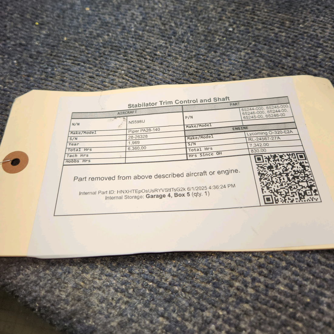 Used aircraft parts for sale, 65244-000, 65245-000, 65246-000 Piper PA28-140 Stabilator Trim Control and Shaft