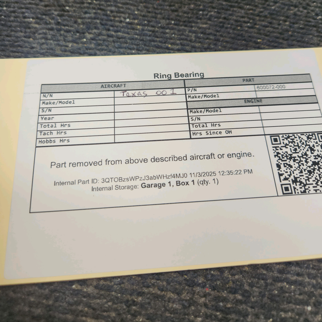 Used aircraft parts for sale, 600072-000 Ring Bearing - Price per Each