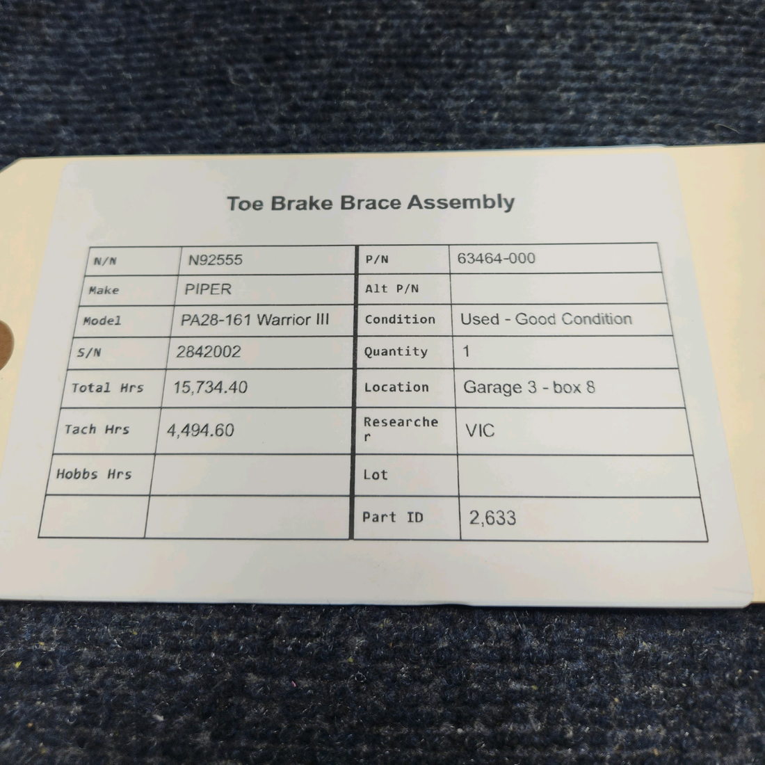 Used aircraft parts for sale, 63464-000 PIPER PA28-161 Warrior III TOE BRAKE BRACE ASSEMBLY