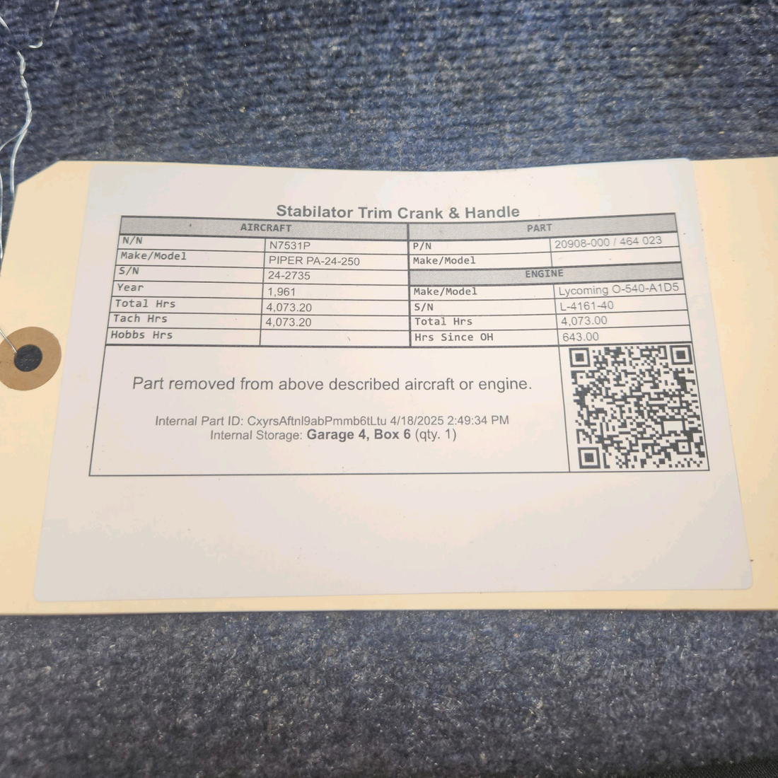 Used aircraft parts for sale, 20908-000 / 464 023 PIPER PA-24-250 Stabilator Trim Crank & Handle