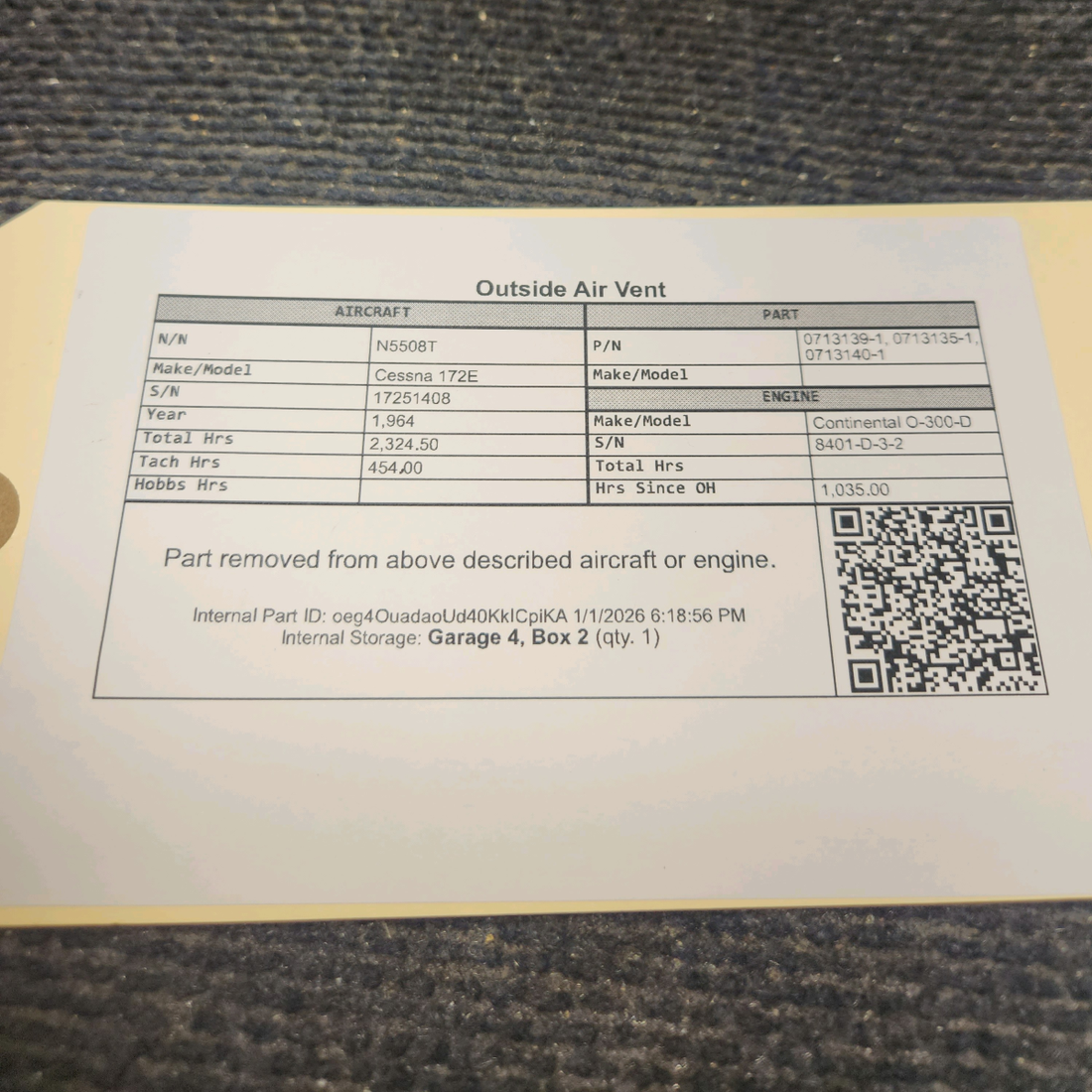 Used aircraft parts for sale, 0713139-1, 0713135-1, 0713140-1 Cessna 172E Outside Air Vent