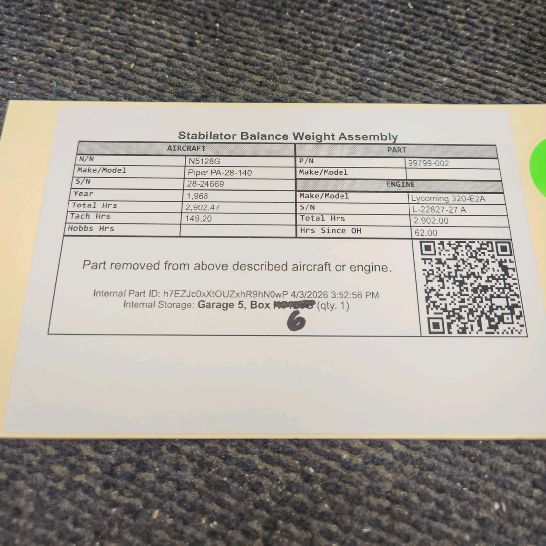 Used aircraft parts for sale, 99799-002 Piper PA-28-140 Stabilator Balance Weight Assembly