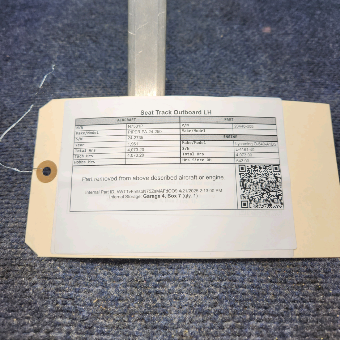 Used aircraft parts for sale, 20440-005 PIPER PA-24-250 Seat Track Outboard LH