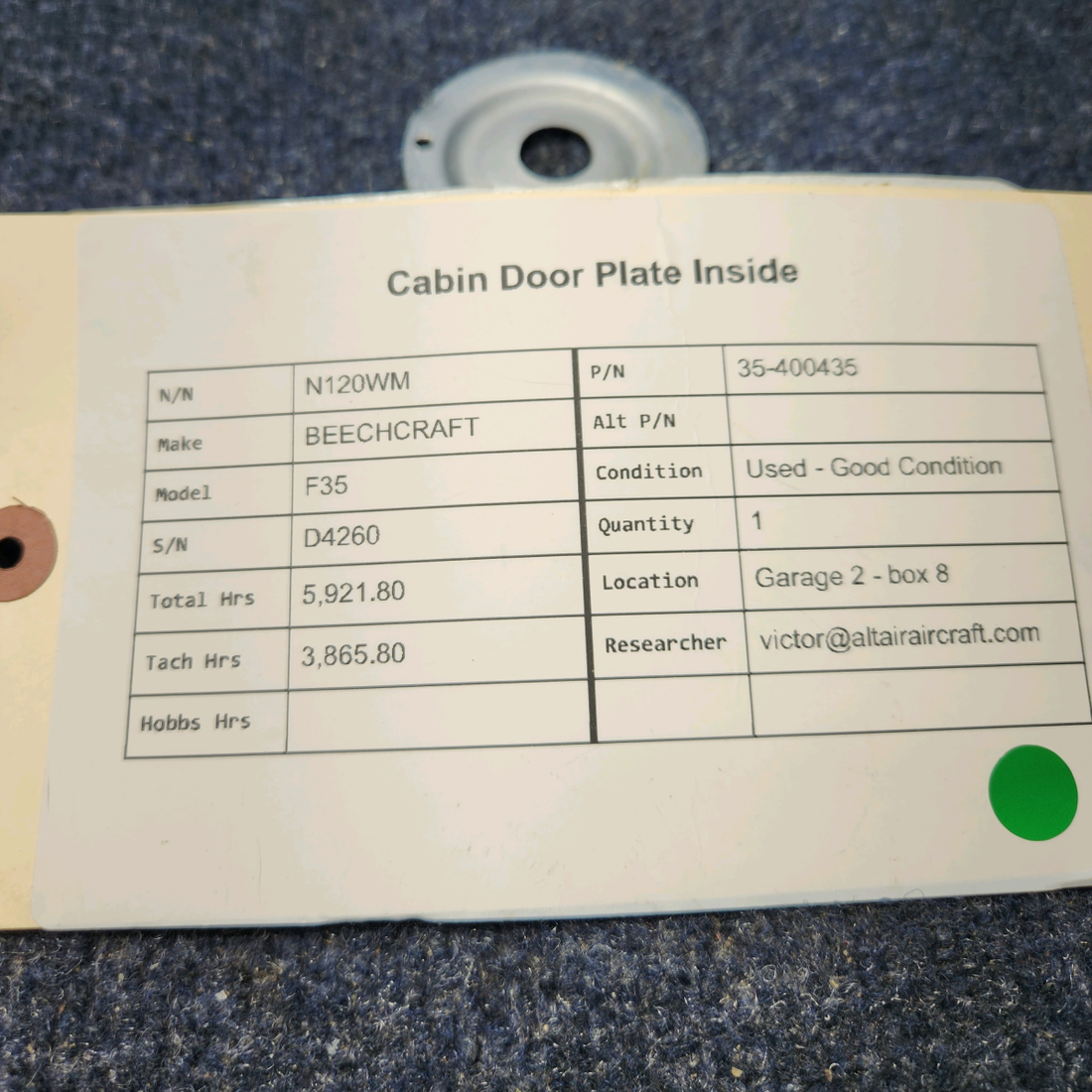 Used aircraft parts for sale, 35-400435 BEECHCRAFT F35 CABIN DOOR PLATE INSIDE