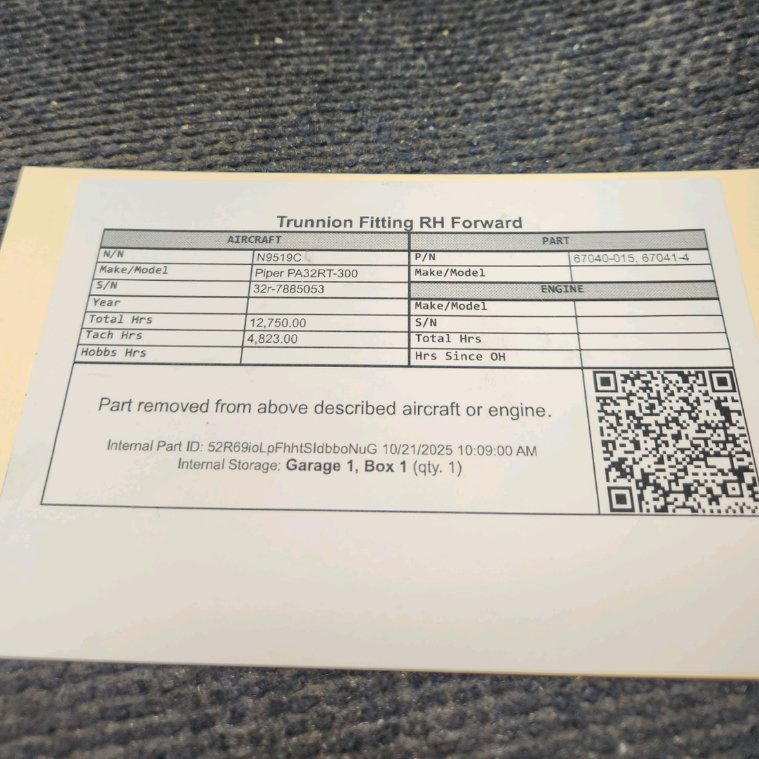 Used aircraft parts for sale, 67040-015 Piper PA32RT-300 Trunnion Fitting - RH Forward