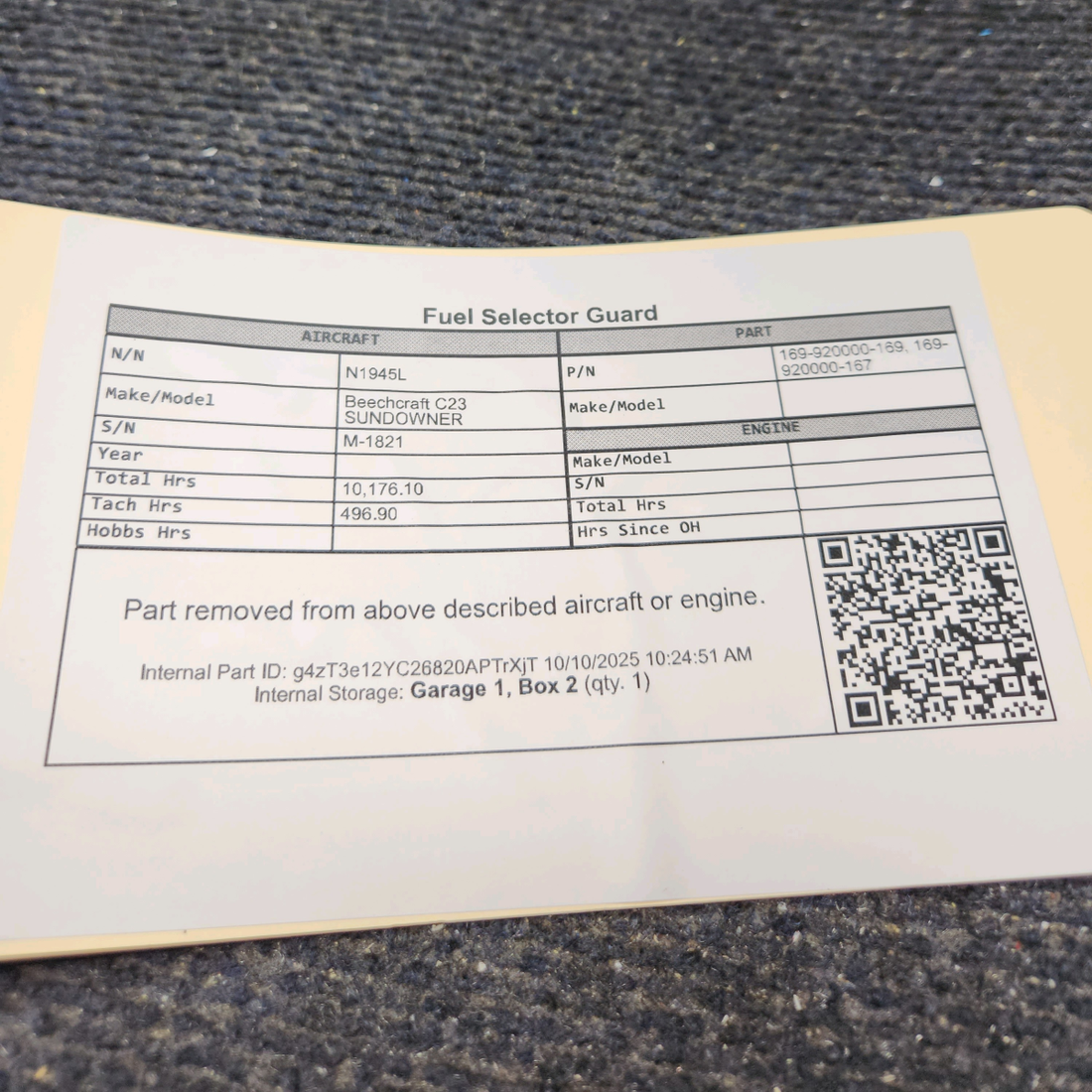 Used aircraft parts for sale, 169-920000-169 Beechcraft C23 SUNDOWNER Fuel Selector Guard