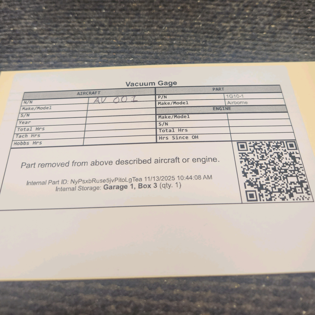 Used aircraft parts for sale, 1G10-1 Airborne Piper PA28-140 Vacuum Gage