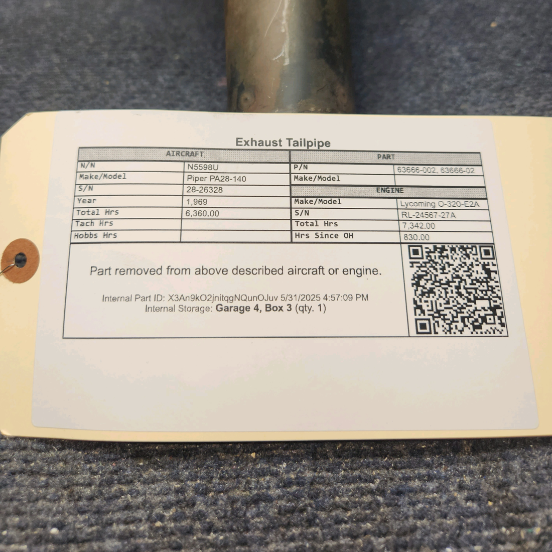 Used aircraft parts for sale, 63666-002 Piper PA28-140 Exhaust Tailpipe