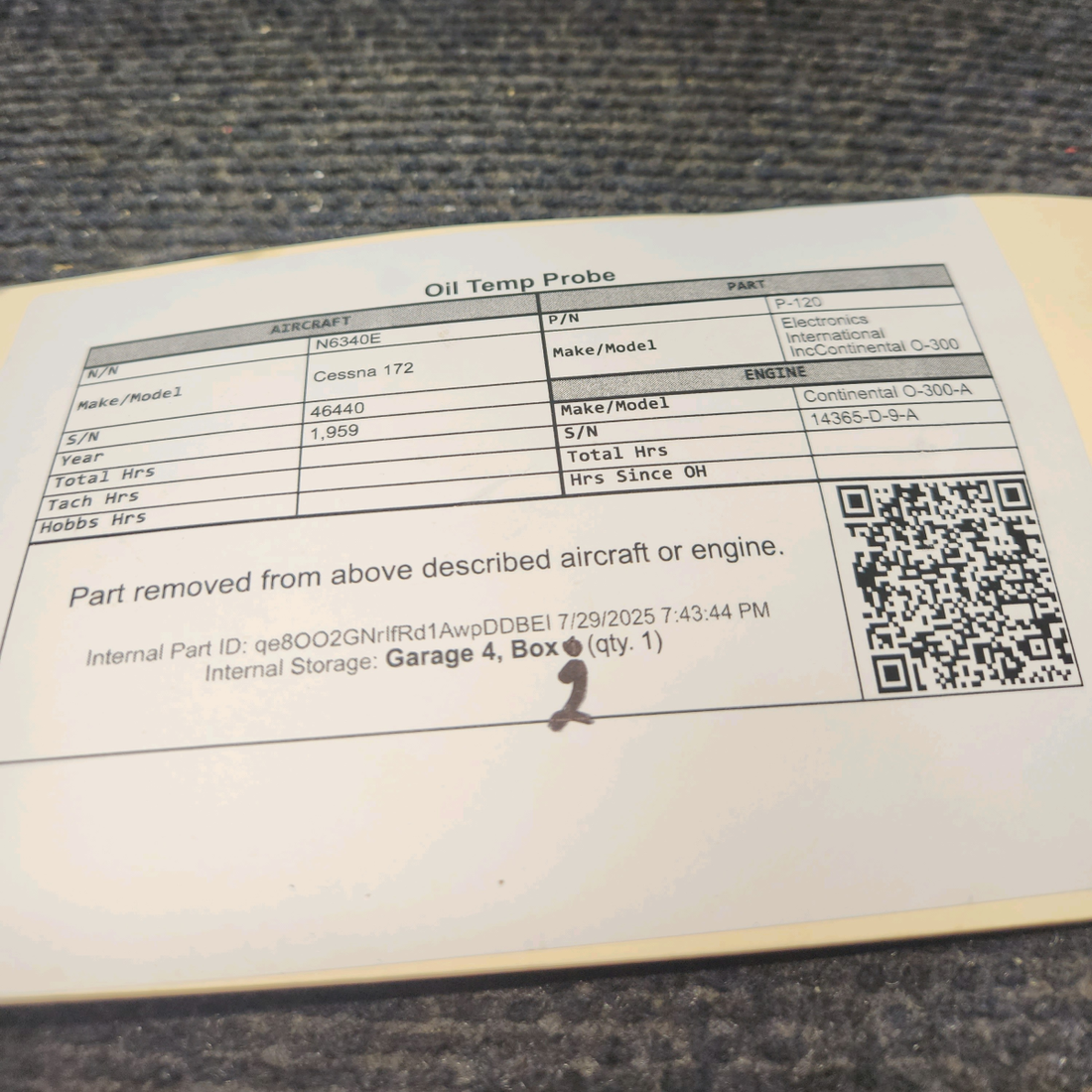 Used aircraft parts for sale, P-120 Electronics International Inc Continental O-300 Cessna 172 Oil Temp Probe
