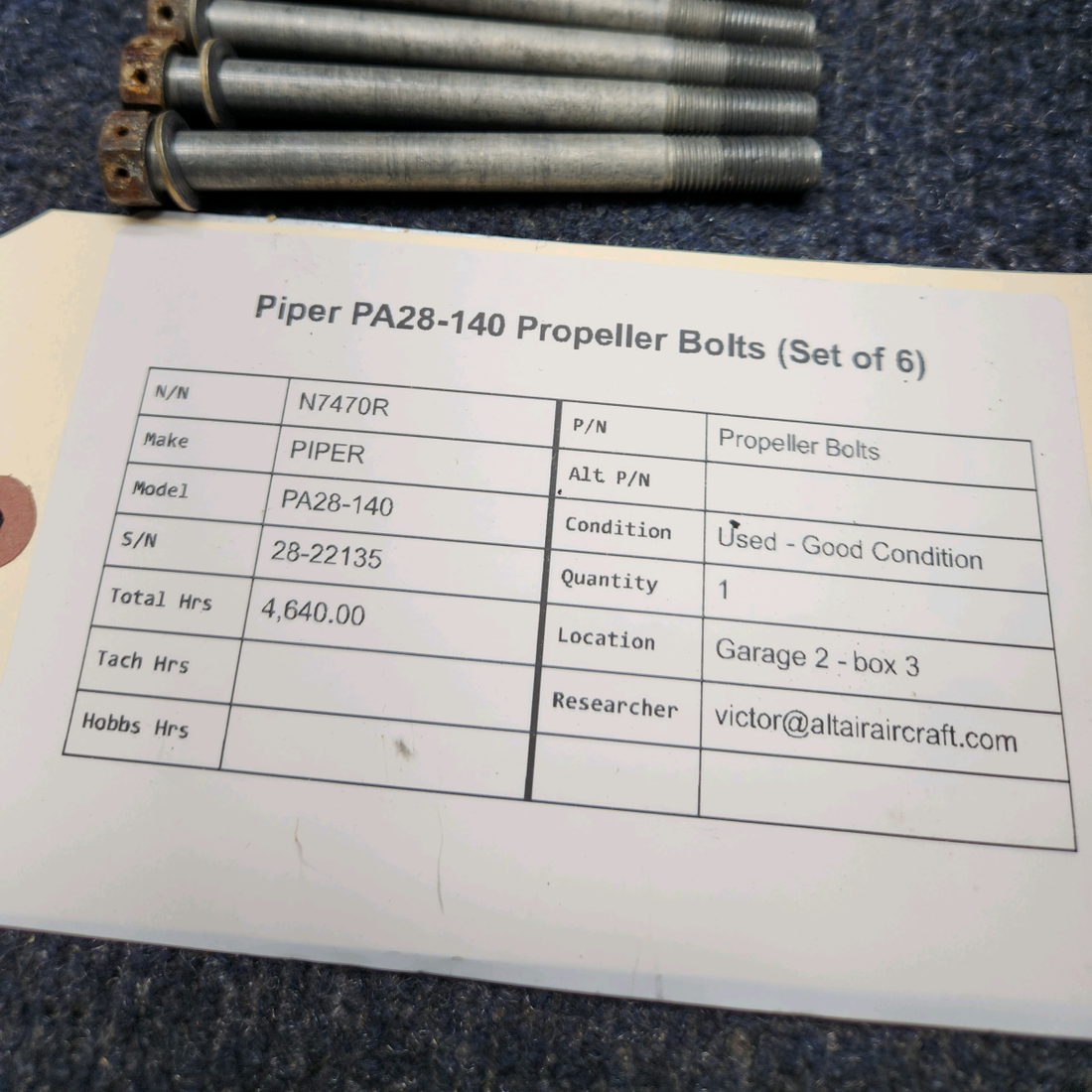 Used aircraft parts for sale, Propeller Bolts Piper  [part_model] PIPER PA28-140 PA28-140 PROPELLER BOLTS (SET OF 6)