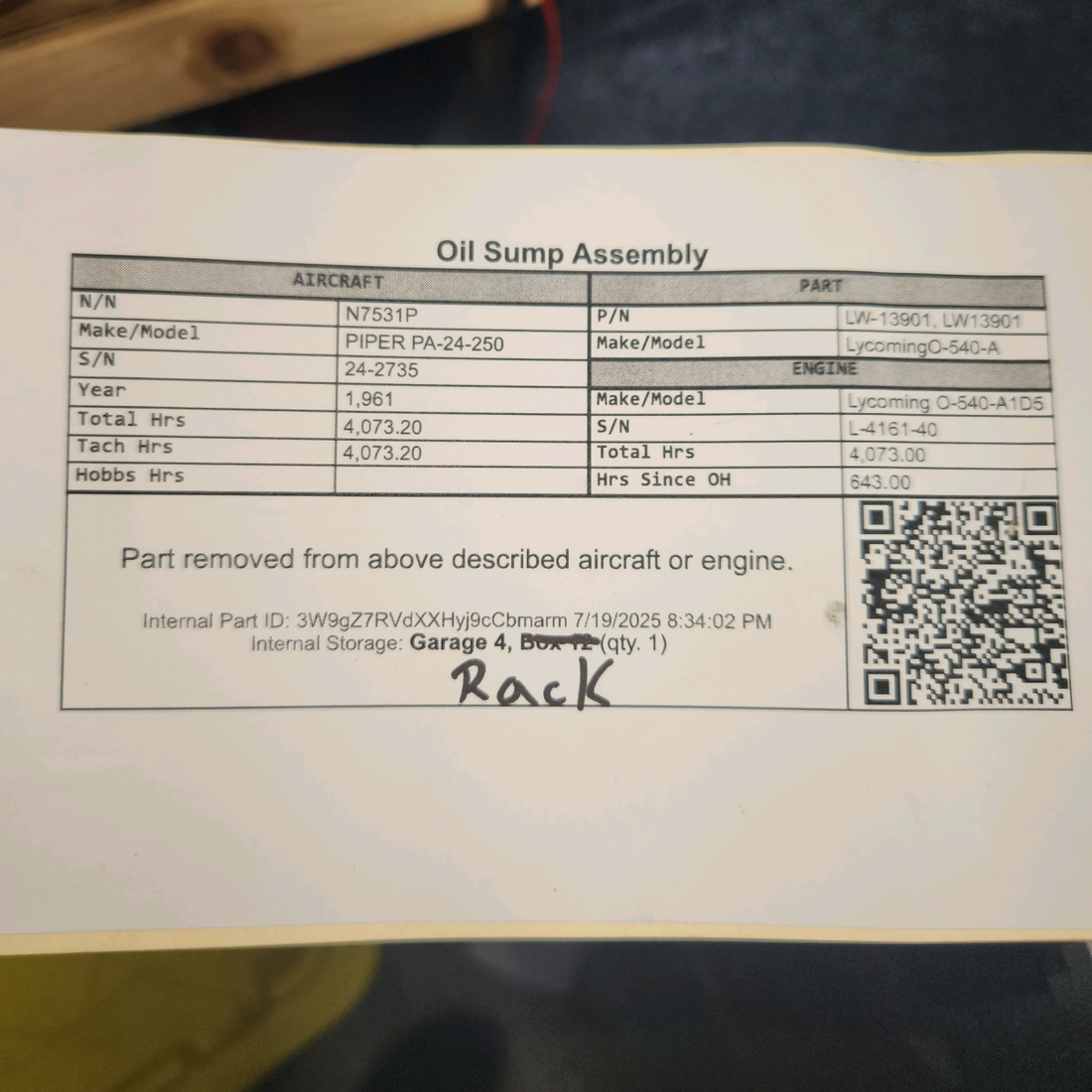 Used aircraft parts for sale, LW-13901 Lycoming O-540-A PIPER PA-24-250 Oil Sump Assembly