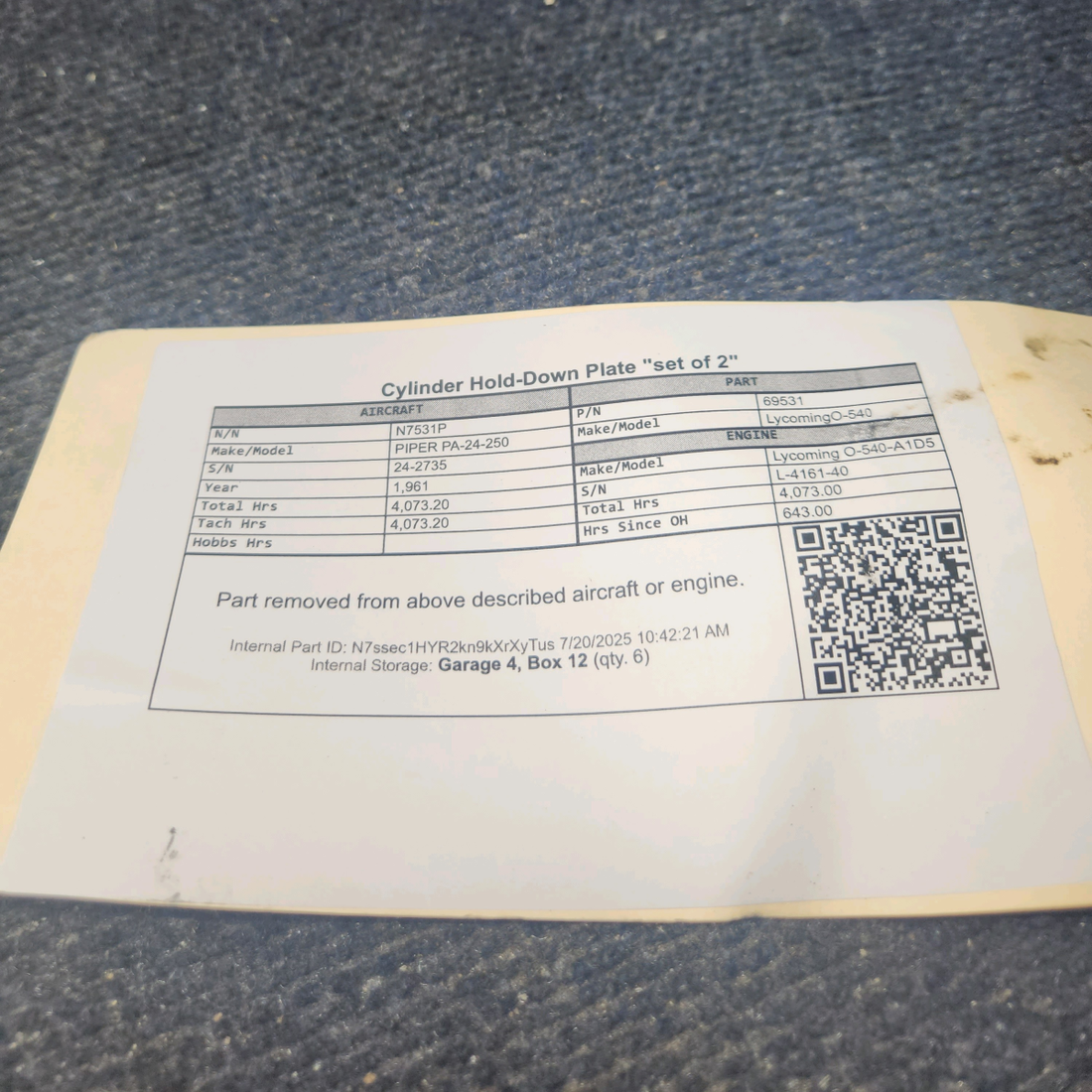 Used aircraft parts for sale, 69531 Lycoming O-540 PIPER PA-24-250 Cylinder Hold-Down Plate - Set of 2