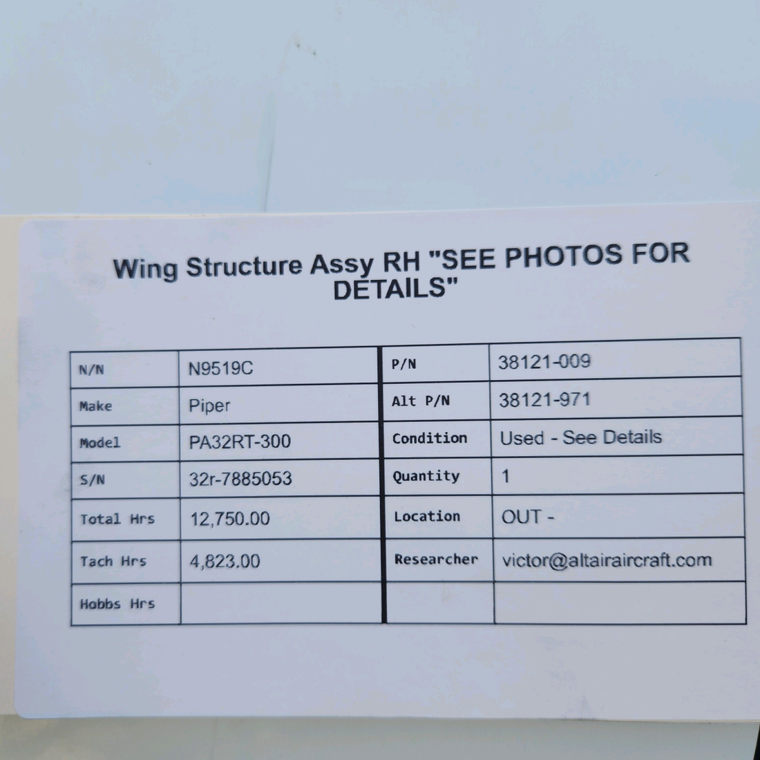 Used aircraft parts for sale, 38121-009 Piper PA32RT-300 WING STRUCTURE ASSY RH "SEE PHOTOS FOR DETAILS"