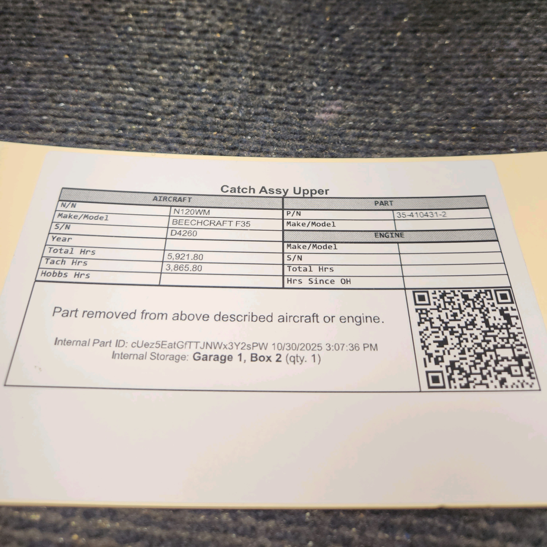 Used aircraft parts for sale, 35-410431-2 BEECHCRAFT F35 Upper Catch Assembly