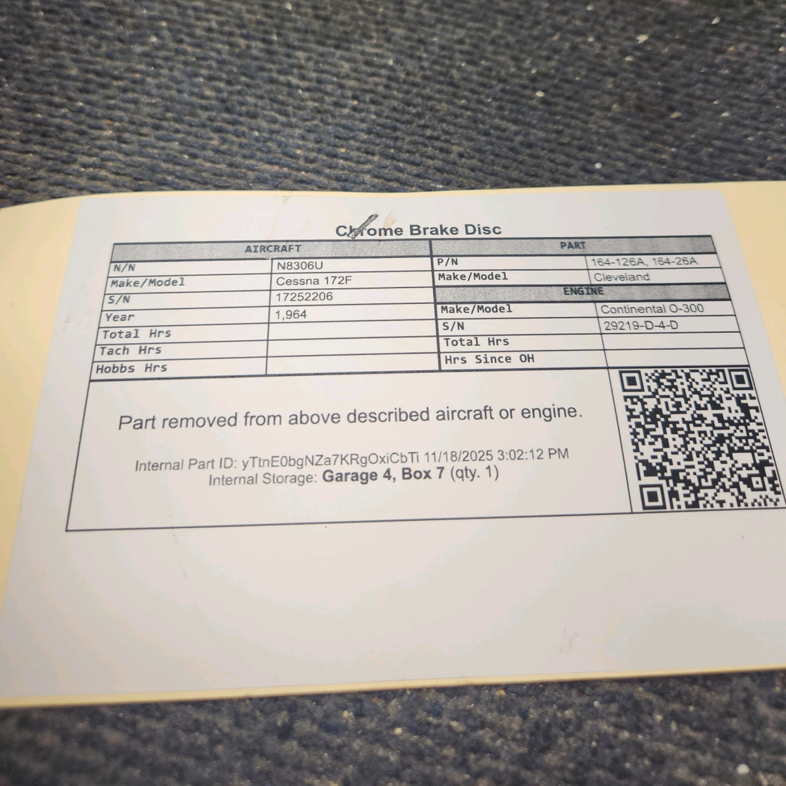 Used aircraft parts for sale, 164-126A Cleveland Cessna 172F Chrome Brake Disc