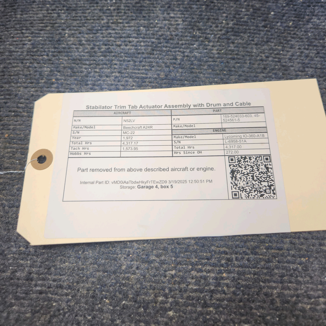 Used aircraft parts for sale, 169-524033-603 Beechcraft A24R Stabilator Trim Tab Actuator Assembly with Drum and Cable